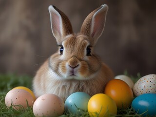Easter Bunny Surrounded by Colorful Eggs, happy easter eggs