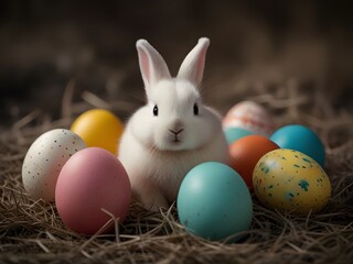 Fototapeta na wymiar Easter Bunny Surrounded by Colorful Eggs, happy easter eggs