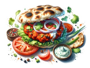 Watercolor Painting of Spicy Tandoori Burger