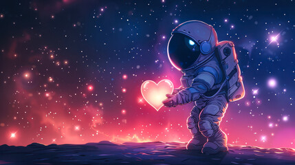 Cute Astronaut Holding Heart in open space. Love Universe, cosmos. Cosmonautics day greeting card, lovely cosmic poster. Cartoon Illustration. Spaceman explore gravity. Copy space