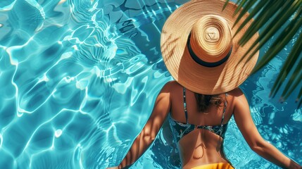 Top view of beautiful slim girl in swimsuit and hat swimming in pool in tropical country on sunny day - obrazy, fototapety, plakaty