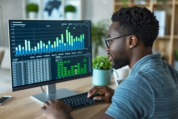 A black man works on computer with graphs and charts showing data for business performance.