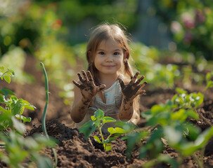 Dirty hands, girl in garden, sustainability concept