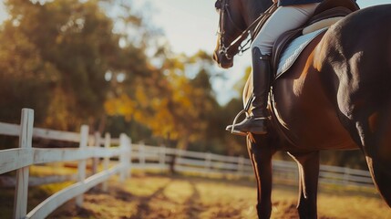 Banner with space for text and horse rider on the other side. Equestrian sport, nature and hobby concept - obrazy, fototapety, plakaty