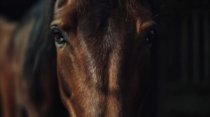 Close portrait of a dark horse in the sun against a dark background. The horse looks directly at the camera