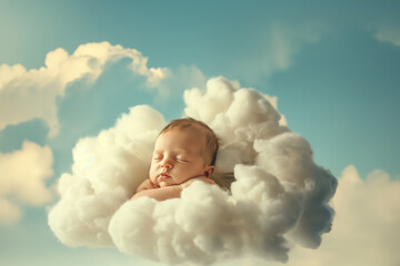 Adorable baby sleeping in clouds like little angel. newborn baby sleeping in clouds floating