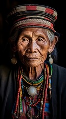 Close-up Portrait of a Senior Asian woman from the Kaya tribe, wearing traditional colorful clothes, earrings, jewelry and looking at the camera in Myanmar - obrazy, fototapety, plakaty
