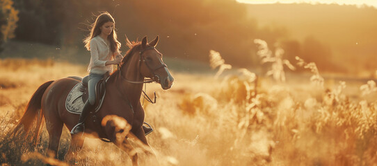 Banner with copy space on the theme of galloping on a horse in nature. A girl in simple clothes riding a horse in the sunset light in the village - obrazy, fototapety, plakaty