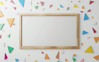 A whiteboard with a colorful frame of shapes in the middle of the design with a scattering of square and triangle color shapes and a completely white background