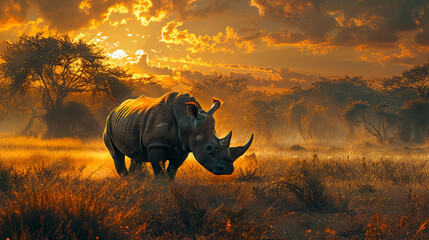 Rhino in the savannah, sunset background - obrazy, fototapety, plakaty