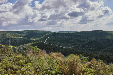 Peaceful Green Hills and Cloudy Blue Sky Landscape with Vibrant Colors