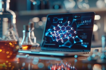 A digital image showing the molecular structure of a breakthrough drug is displayed on a laptop in the lab.