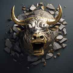 Sculpture cracked bull head on a clean background. Wildlife Animals. Illustration, Generative AI.