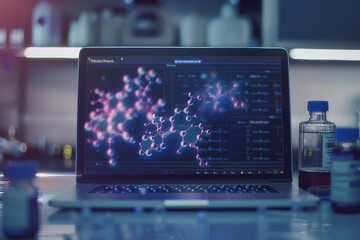 A digital image showing the molecular structure of a breakthrough drug is displayed on a laptop in the lab. - obrazy, fototapety, plakaty