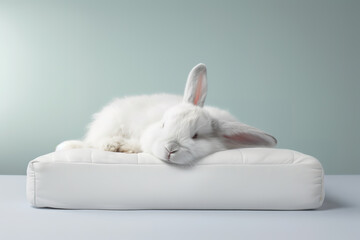 Image of cute white rabbit lying on sleeping cushion. Pet. Animals. Illustration. Generative AI..