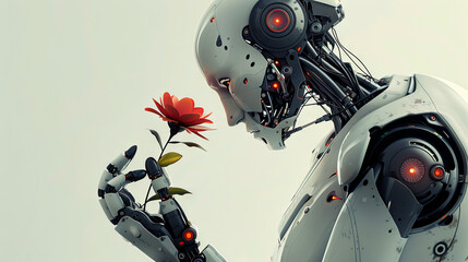 The cyborg robot holds a flower in his hand as a symbol of life - obrazy, fototapety, plakaty