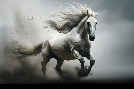 Image of a white horse runing. Wildlife Animals. Illustration, Generative AI.