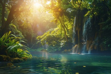 Obraz na płótnie Canvas Sun Shines Through Trees Over Water