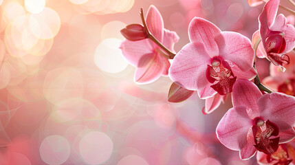 Pink spring-themed background adorned with a delicate orchid, offering plenty of room for text or other content - obrazy, fototapety, plakaty
