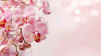 Spring pink background with delicate orchid and plenty of copy space