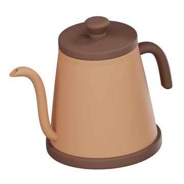 A 3D rendering of a gooseneck kettle, ideal for precision pouring in pour over coffee brewing methods, symbolizing the coffee preparation process concepts, transparent backgrounds.