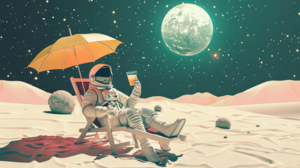 An astronaut with a cocktail sits on a sun lounger and enjoys his vacation in space - obrazy, fototapety, plakaty