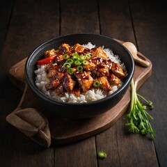 korean rice bowl BBQ chicken isolated black

