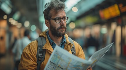 tourist man walking on bustling street in town using paper map for navigate, Generative Ai