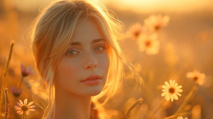 close up portrait of pretty woman in calm peaceful summer flower blossom, Generative Ai