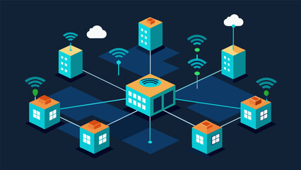 An image depicting a complex network of edge computing nodes spread throughout a factory floor each connected to a 5G network. These nodes work