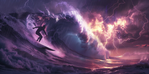 A digital art of a surfer boldly navigating through colossal waves under a majestic thunderstorm lit with lightning. - obrazy, fototapety, plakaty