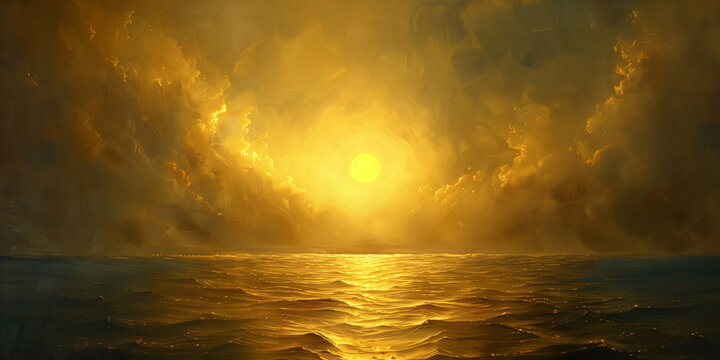 Digital painting of a golden sunset that bathes the ocean waves in a rich, luminous glow, creating a serene atmosphere.