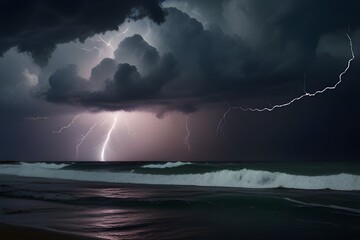 Thunderstorm, thunder and lightning. Storm at the coastline, stormy weather with dramatic night sky, dark clouds, lightning strikes and high waves. Natural disaster and force of nature Generative AI