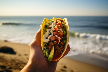 
Atmospheric composition of a person holding a Poke Taco by the seaside, with waves crashing in the background, against a sandy beach backdrop, blending culinary enjoyment with the beauty of nature - Powered by Adobe