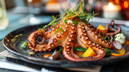 The plate showcases freshly baked octopus served with assorted vegetables