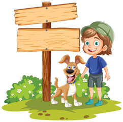 Cheerful child and pet standing near a blank signpost.
