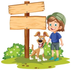 Foto op Plexiglas Kinderen Cheerful child and pet standing near a blank signpost.