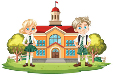 Two cartoon children standing in front of a school.