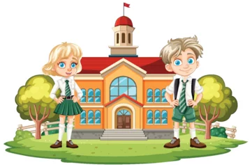 Fotobehang Kinderen Two cartoon children standing in front of a school.