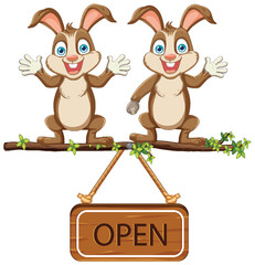 Two happy rabbits holding a wooden open sign.