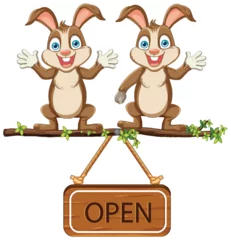 Tuinposter Kinderen Two happy rabbits holding a wooden open sign.