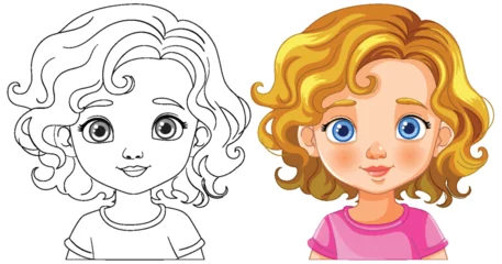 Fotobehang Kinderen Vector illustration of a young girl, colored and outlined