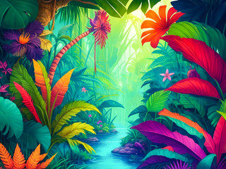 Fototapeta na wymiar Colorful fantasy illustration of a jungle background