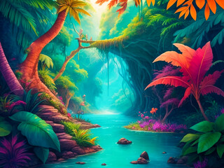 Fototapeta na wymiar Colorful fantasy illustration of a jungle background