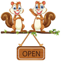 Two happy squirrels holding an open sign.