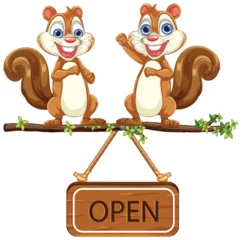 Tuinposter Kinderen Two happy squirrels holding an open sign.
