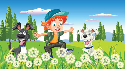Happy boy with two dogs in a sunny meadow - 775620342