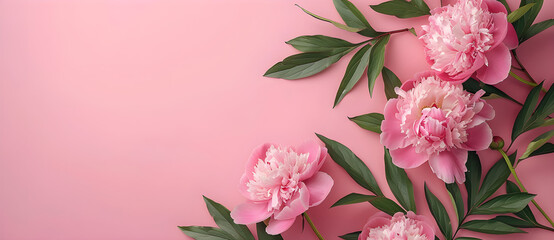 Spring peony flowers on pink pastel background top view in flat lay style, perfect for women's day, mother's day, or spring sale banner.