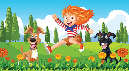 Happy girl running with two playful dogs in a field