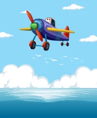 Foto op Plexiglas Kinderen Animated plane flying above reflective water
